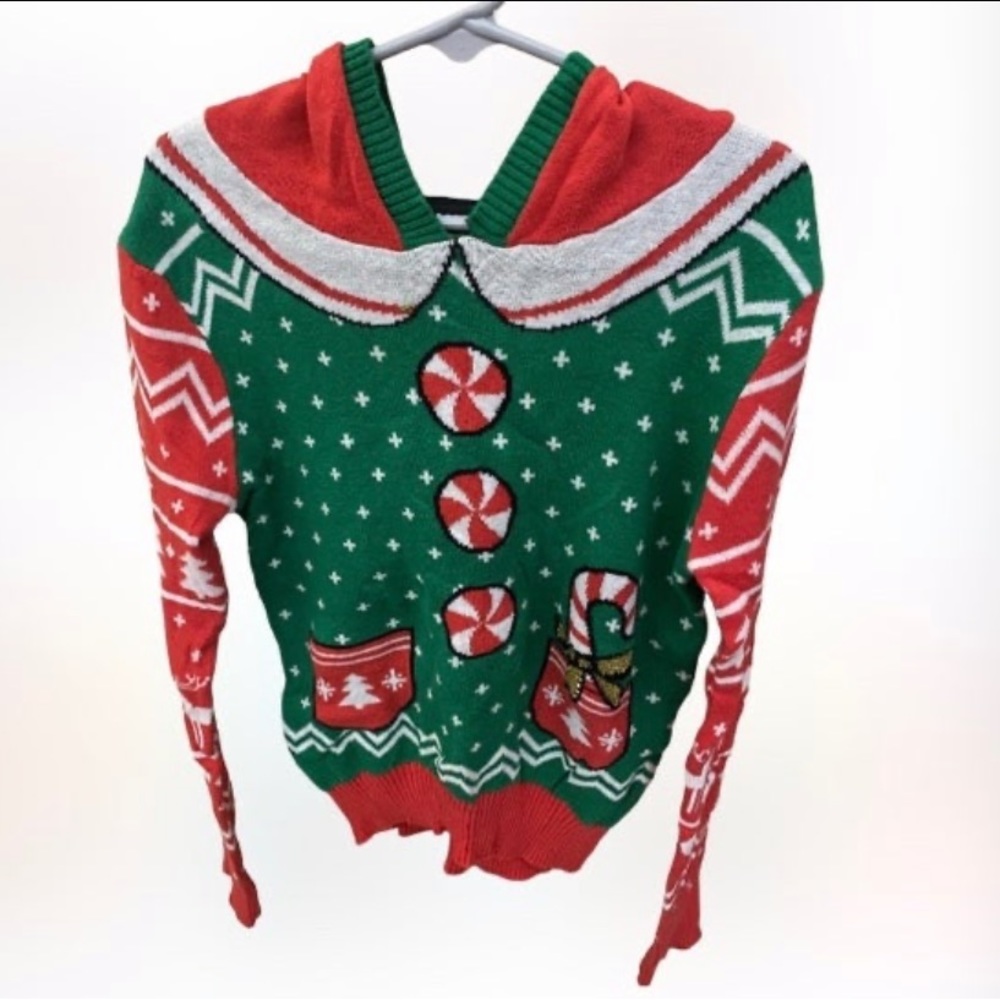 Well Worn Kids Ugly Christmas Sweater Hooded Elf Holiday Sweater Size 7/8